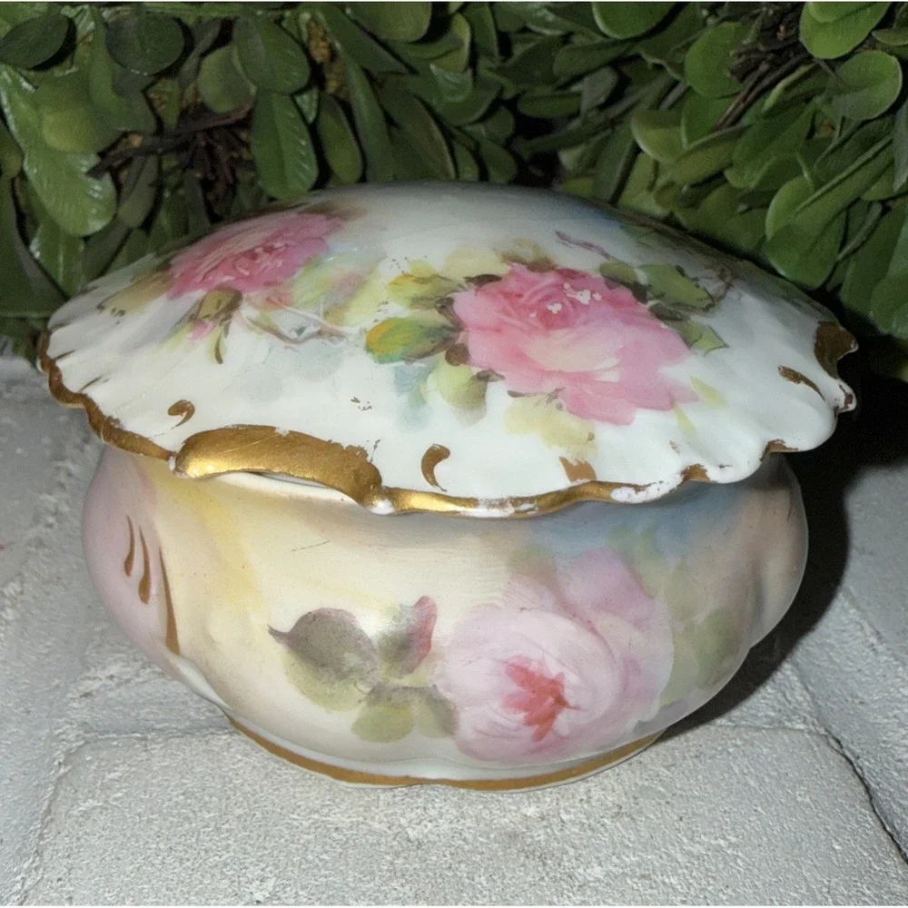 Jean Pouyat Limoges France Floral Vintage Porcelain Trinket Box Powder Jar